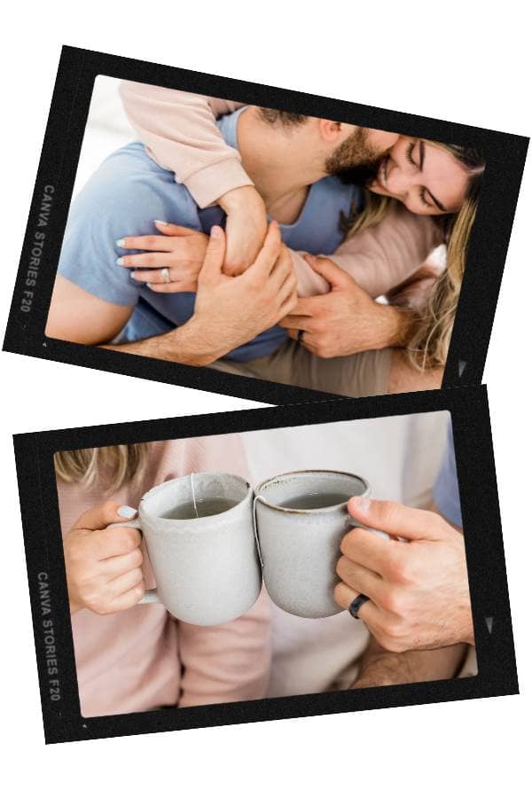Couple hugging and drinking coffee